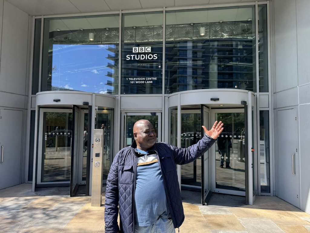 Guy Goma outside BBC Studios, Wood Lane